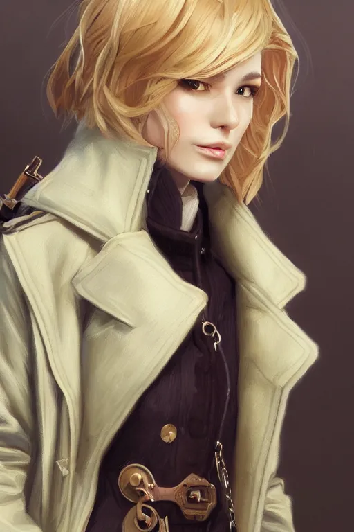 Prompt: a detective woman with blonde hair wearing a coat, a detailed painting by wlop, trending on artstation, steampunk art, artstation hd, detailed painting, anime aesthetic