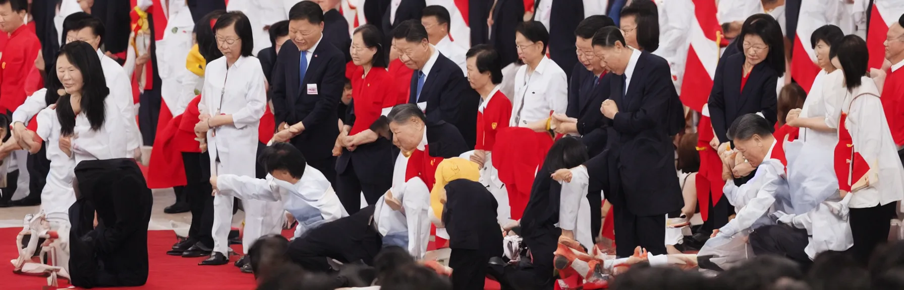 Image similar to Tsai Ing-wen kneeling down on knees before Xi Jinping standing, her mouth nearby his waist, Joe Biden kneeling down on knees behind her holding a hotdog, photorealistic, ultrarealistic photography, 8k