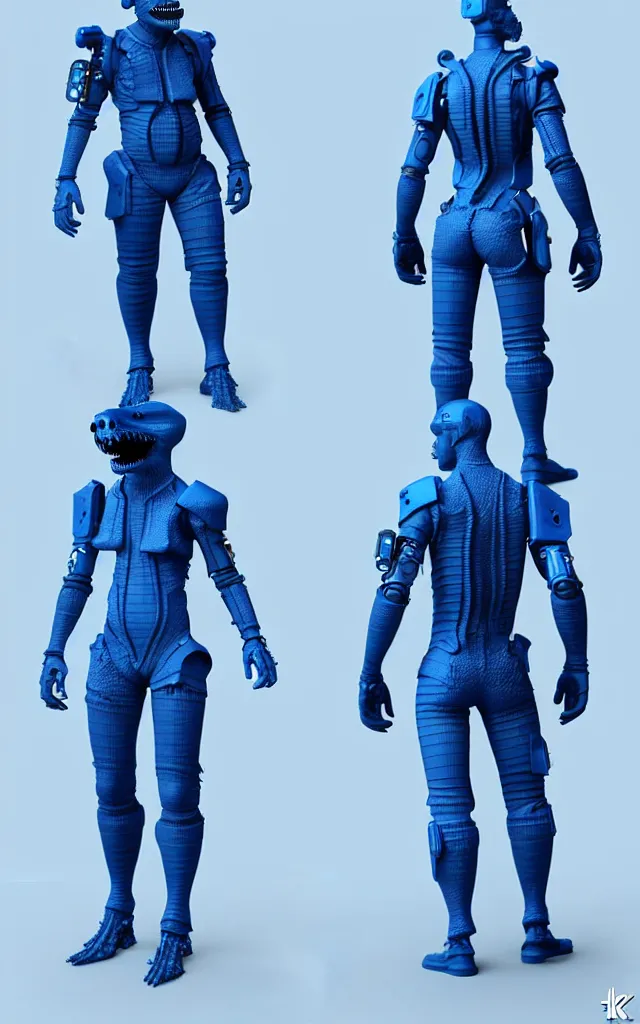 Prompt: azure blue alligator cyborg soldier spaceship pirate captain, character concept 8 k realphotorenderengine, symmetrical alligator humanoid, cinematic game 3 d character zbrush