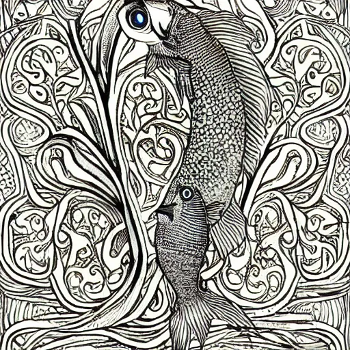 Prompt: A very detailed Art Nouveau illustration of a fish, intricate patterns