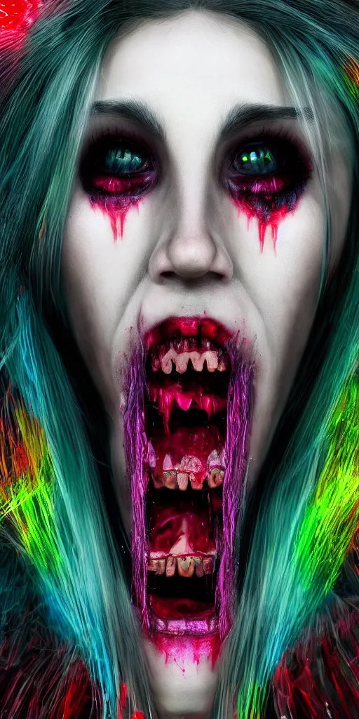 Image similar to impossibly beautiful vampire with large vampire fangs, full body, intricate complexity, horror, psychedelic glitch art, rainbow drip paint, trending on art station, photoreal, 8k, octane render