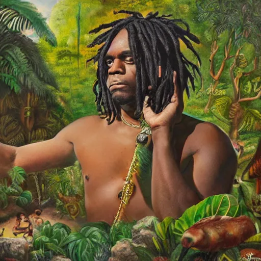 Prompt: chief keef in the garden of eden, wide angle, oil panting