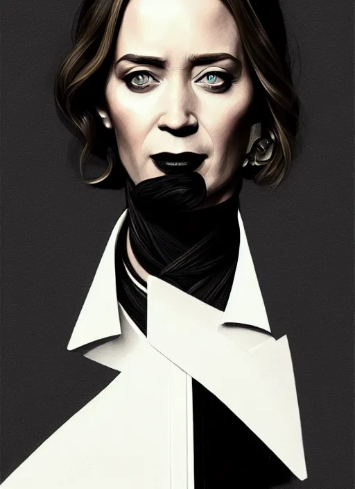 Image similar to portrait of emily blunt as business woman, black suit, white shirt, black tie, intricate, headshot, highly detailed, digital painting, artstation, concept art, sharp focus, cinematic lighting, illustration, art by artgerm and greg rutkowski, alphonse mucha, cgsociety