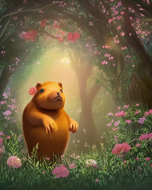 Image similar to Capybara playing Guitar in magical forest, portrait, wearing flower crown, magical notes, flowers, flower dress, birds, fairy atmosphere, magic the gathering artwork, D&D, fantasy, cinematic lighting, centered, symmetrical, highly detailed, digital painting, artstation, concept art, smooth, sharp focus, illustration, volumetric lighting, epic Composition, 8k, art by Akihiko Yoshida and Greg Rutkowski and Craig Mullins, oil painting, cgsociety