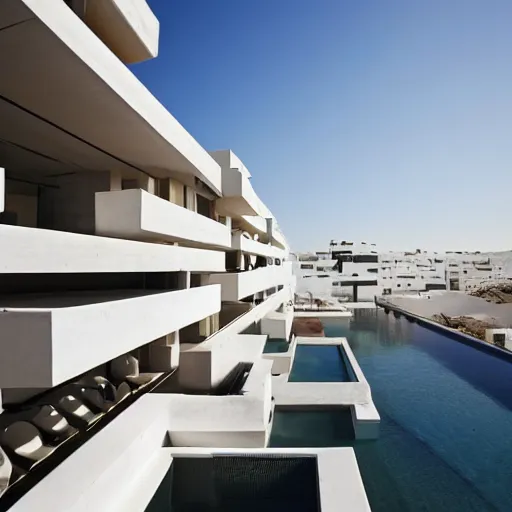 Image similar to habitat 6 7, white lego terraced architecture hotel in the dessert, many plants and infinite pool