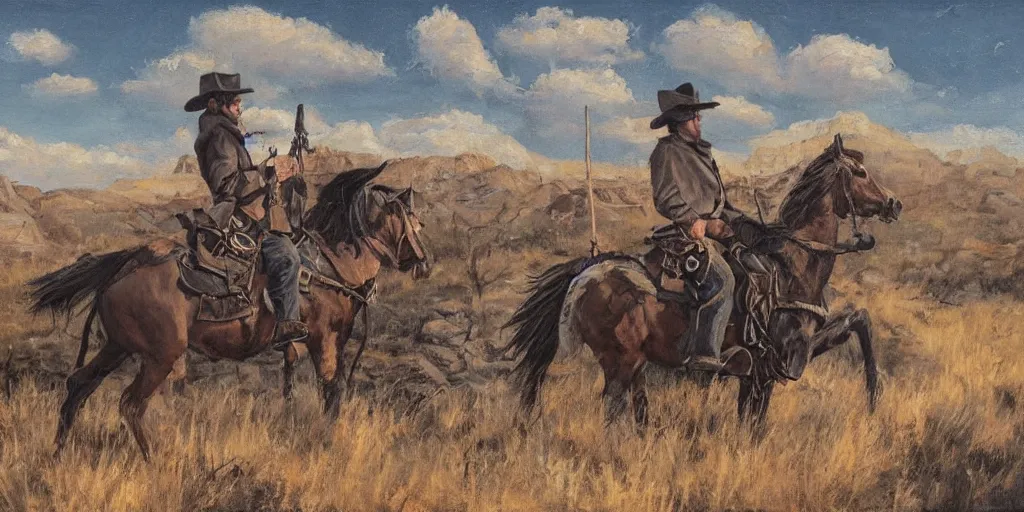 Image similar to a rugged sheriff and a tough bandit on the New Mexico trail, grim, ominous, dramatic oil panting