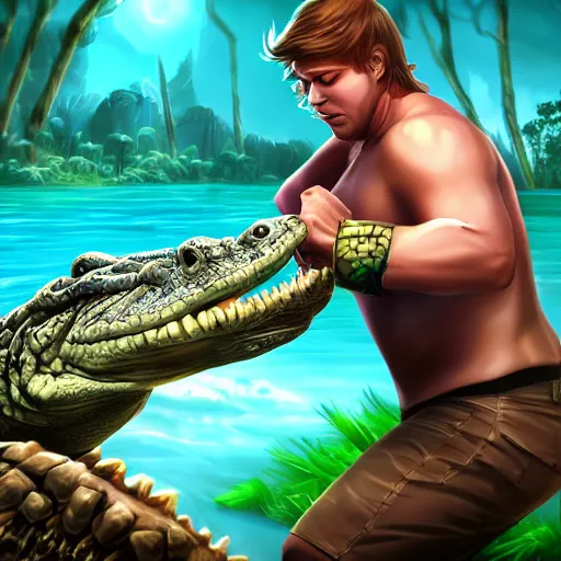 Prompt: league of legends splash art of steve irwin wrestling a crocodile. high rez. digital illusion. digital art. 4 k.