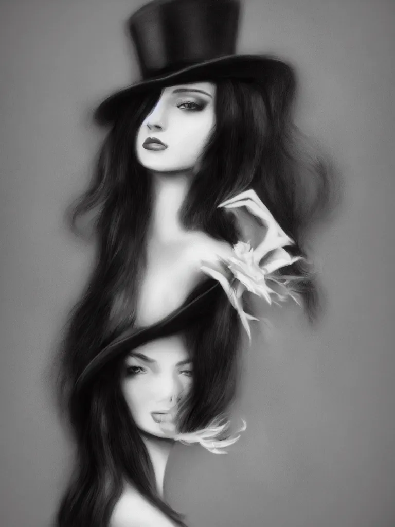 Image similar to elegant long hair lady wearing gentleman suit and tophat portrait photorealism noir