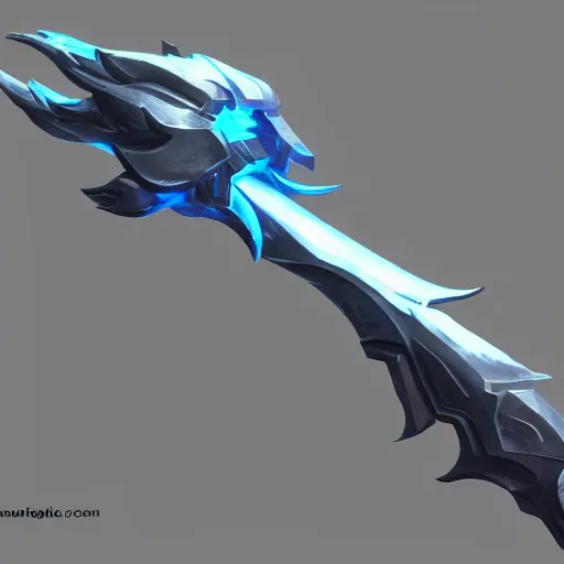 Image similar to a futuristic metallic glaive, weapon design, blizzard concept art style, chunky, fantasy, glowing lights, mechanical parts