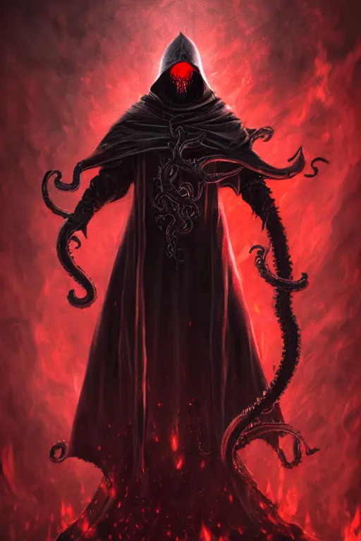 Prompt: A full body portrait of a mysterious character with a skull face with a very long hooded blood red and black cloak, a crown of fire floating above his head tentacles coming out the ground art by James Paick, and Shaddy Safadi, ominous, cosmic horror, trending on artstation, Ultra detailed, hyper realistic 4k
