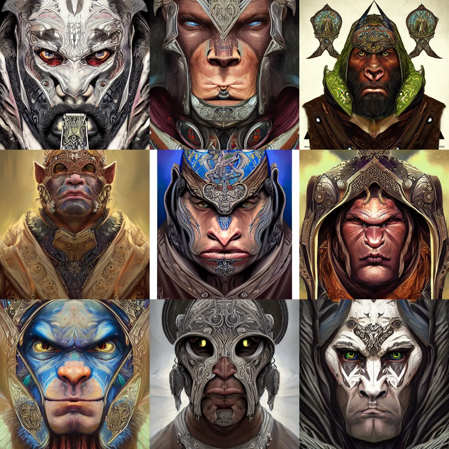 Prompt: head-on symmetrical centered painted portrait, male orc druid, shaman leather armour, art nouveau, tarot card style, tarot card style, fantasy, intricate, elegant, highly detailed, smooth, sharp focus, illustration, artstation, in the style of Artgerm and Anna Podedworna and Alex Ross and Mucha