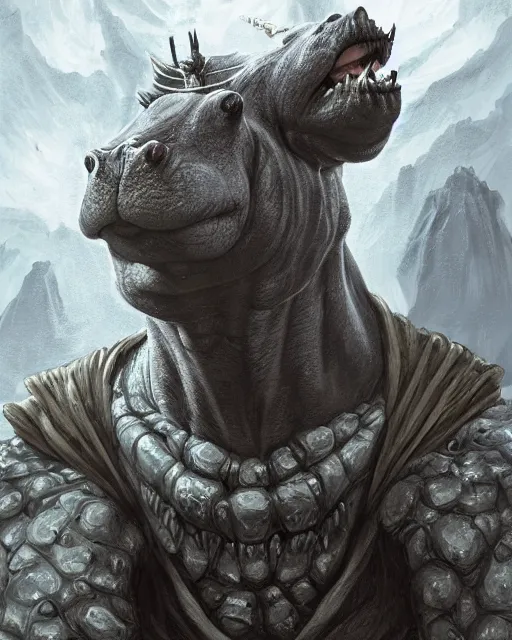 Prompt: Hippo, Anthropomorphized, portrait, as evil warlord general on skull throne, magic the gathering artwork, D&D, fantasy, cinematic lighting, centered, symmetrical, highly detailed, digital painting, artstation, concept art, smooth, sharp focus, illustration, volumetric lighting, epic Composition, 8k, art by Akihiko Yoshida and Greg Rutkowski and Craig Mullins, heroic pose, oil painting, cgsociety, Battlefield background, explosions, arrows