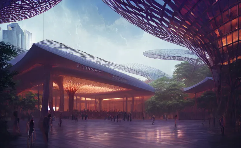 Prompt: singapore pavillion exterior at the next world expo designed by gensler, elegant atmosphere, glowing lights, highly detailed, digital painting, artstation, concept art, smooth, sharp focus, illustration, art by wlop, mars ravelo and greg rutkowski