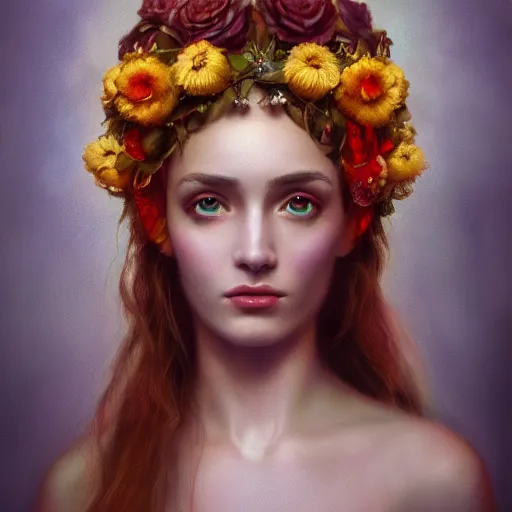 Image similar to beautiful gorgeous Persephone eith the prettiest eyes the world has seen, goddess of life and death, cinematic lighting, high quality 8k hd, oil on canvas, hyper realistic art