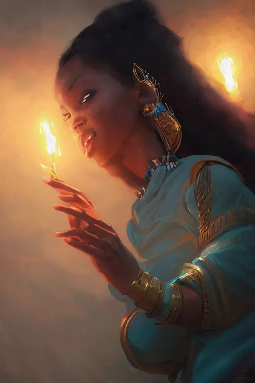 Image similar to a ultradetailed beautiful panting of an egyptian sorceress black woman casting powerful spells, digital oil painting, mysterious cave by ilya kuvshinov, greg rutkowski and makoto shinkai, trending on artstation