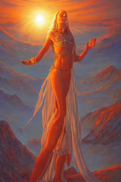 Prompt: the high Priestess of the sun god greets the day, 8k resolution digital painting by Michael Whelan, cinematic morning light