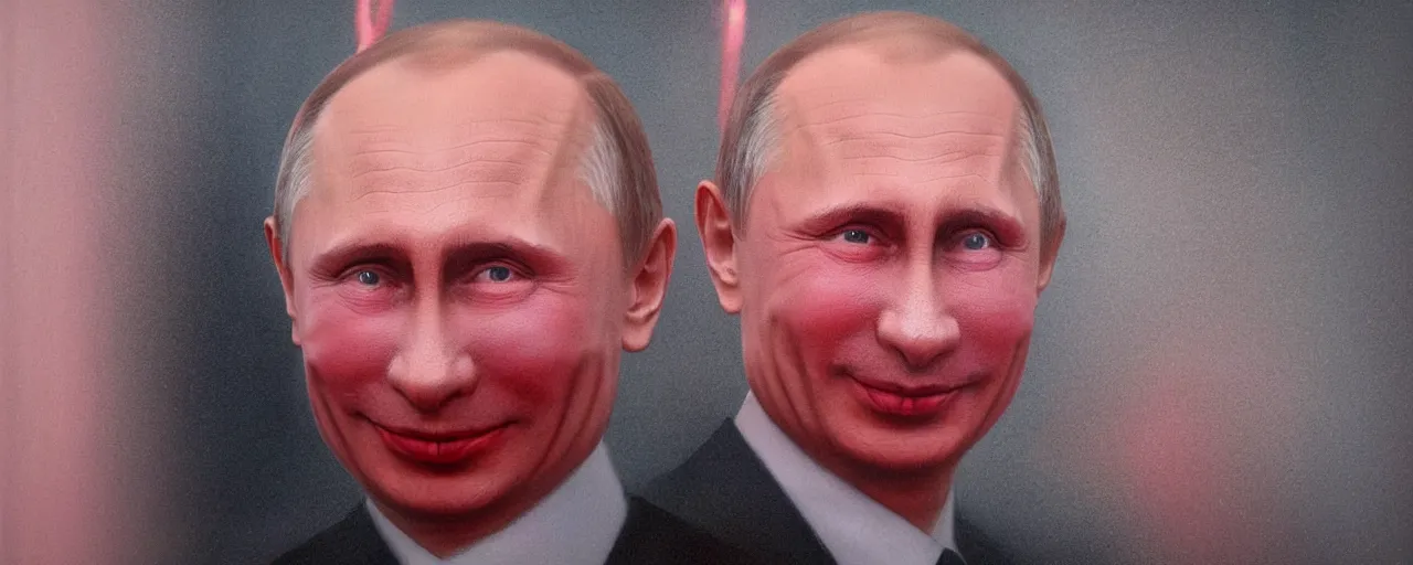 Prompt: in the style of gottfried helnwein. a smiling vladimir putin in red light. from above. shallow focus. wide angle