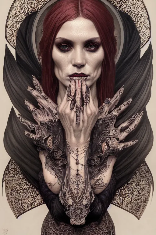 Image similar to portrait of a satanic witch, tattooed face, upper body, decorated, intricate, elegant, highly detailed, digital painting, artstation, concept art, smooth, sharp focus, illustration, art by artgerm and greg rutkowski and alphonse mucha, 8 k