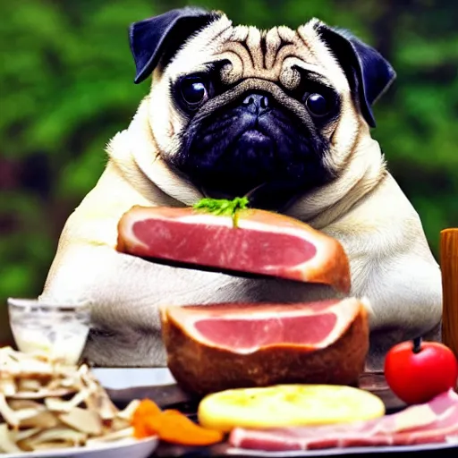 Image similar to fat pug eating a slice of ham