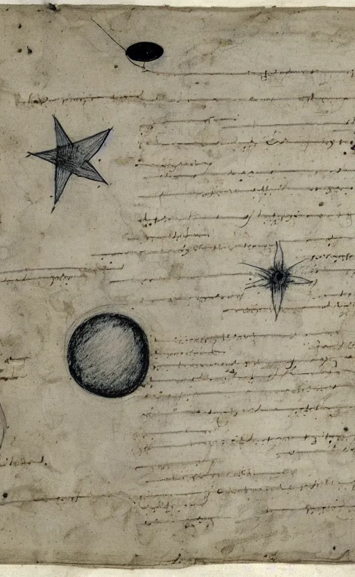 Prompt: page of the voynich manuscript with a drawing depicting a UFO in the sky