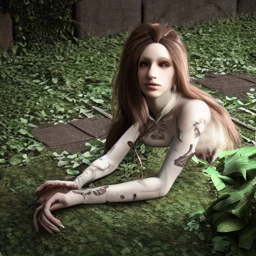 Image similar to Young woman sitting on horse skeleton covered with ivy, realistic render, unreal engine, 4k