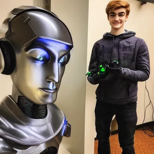 Image similar to “a realistic detailed photo of a guy who is an attractive humanoid who is half robot and half humanoid, who is a male android, twitch streamer Ninja Tyler Blevins, shiny skin, posing like a statue, blank stare, gaming tournament”