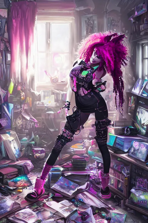 Image similar to portrait of a cybergoth girl with pink dreads reading a book on the floor of a cluttered 9 0 s bedroom, dynamic lighting, fantasy concept art, trending on art station, stunning visuals, creative, cinematic, ultra detailed,