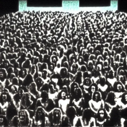Prompt: A film still from a 1970s cult horror film, Satanic mega-church temple auditorium, crowd of thousands of worshippers, unholy ceremony, internal, demonic, Realism, 4k, 8mm, Grainy, Panavision