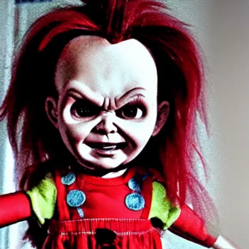 Prompt: female chucky the killer doll standing in the room