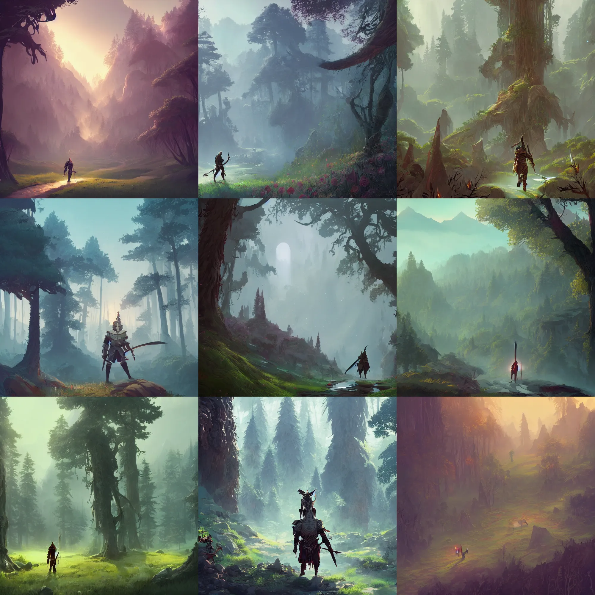 Prompt: a beautiful epic cinematic digital wallpaper of a fantasy forest where a knight with a greatsword on his back is walking, artwork by james gilleard, trending on artstation