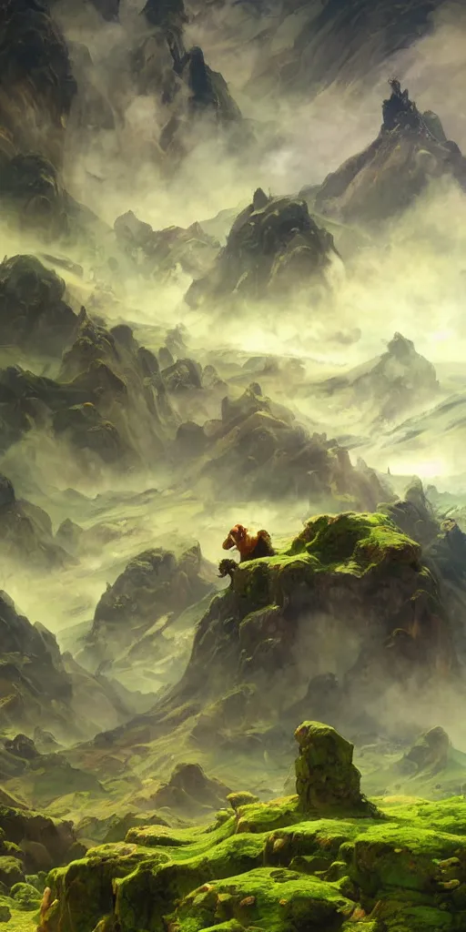 Image similar to sky is land lush green landscape villages castles buildings inverted upsidedown mountain range from the sky fantasy surreal good composition artstation illustration sharp focus sunlit vista painted by ruan jia raymond swanland lawrence alma tadema zdzislaw beksinski norman rockwell tom lovell alex malveda greg staples