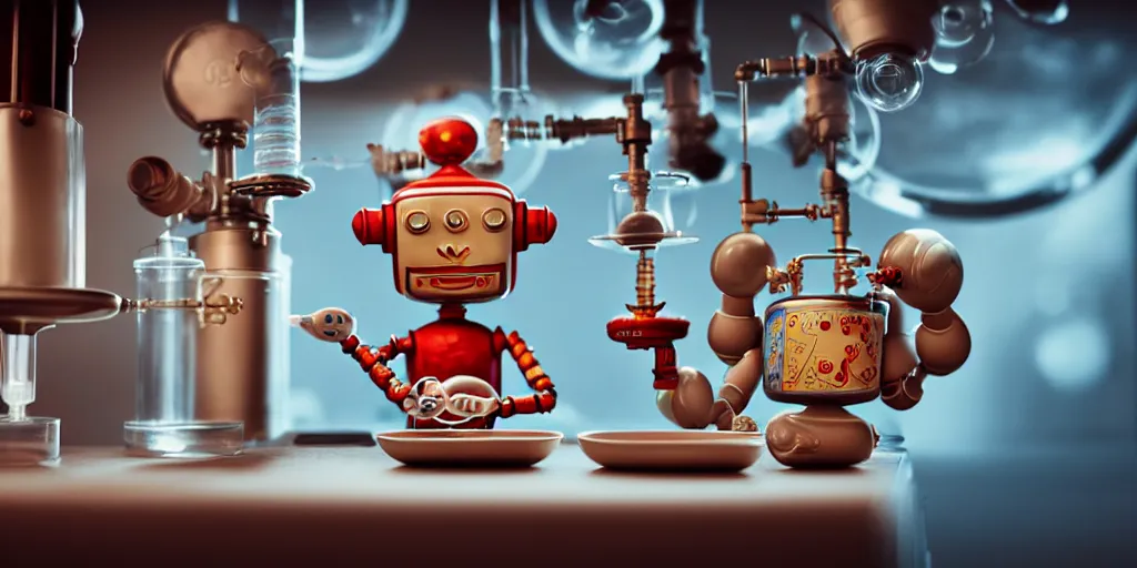 Image similar to closeup portrait of tin toy retro robot chef cooking pastry with vials in a chemical scientific lab, depth of field, zeiss lens, detailed, centered, fashion photoshoot, by nicoletta ceccoli, mark ryden, lostfish, breathtaking, 8 k resolution, extremely detailed, beautiful, establishing shot, artistic, hyperrealistic, octane render