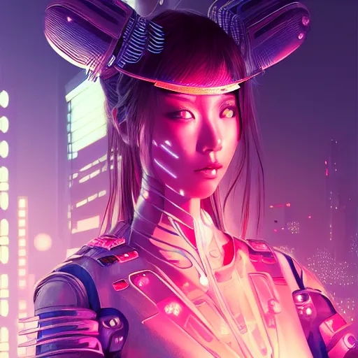 Image similar to portrait futuristic Samurai Girl, in future cyberpunk tokyo rooftop , ssci-fi, fantasy, intricate, very very beautiful, elegant, human anatomy, neon light, highly detailed, digital painting, artstation, concept art, smooth, sharp focus, illustration, art by tian zi and WLOP and alphonse mucha