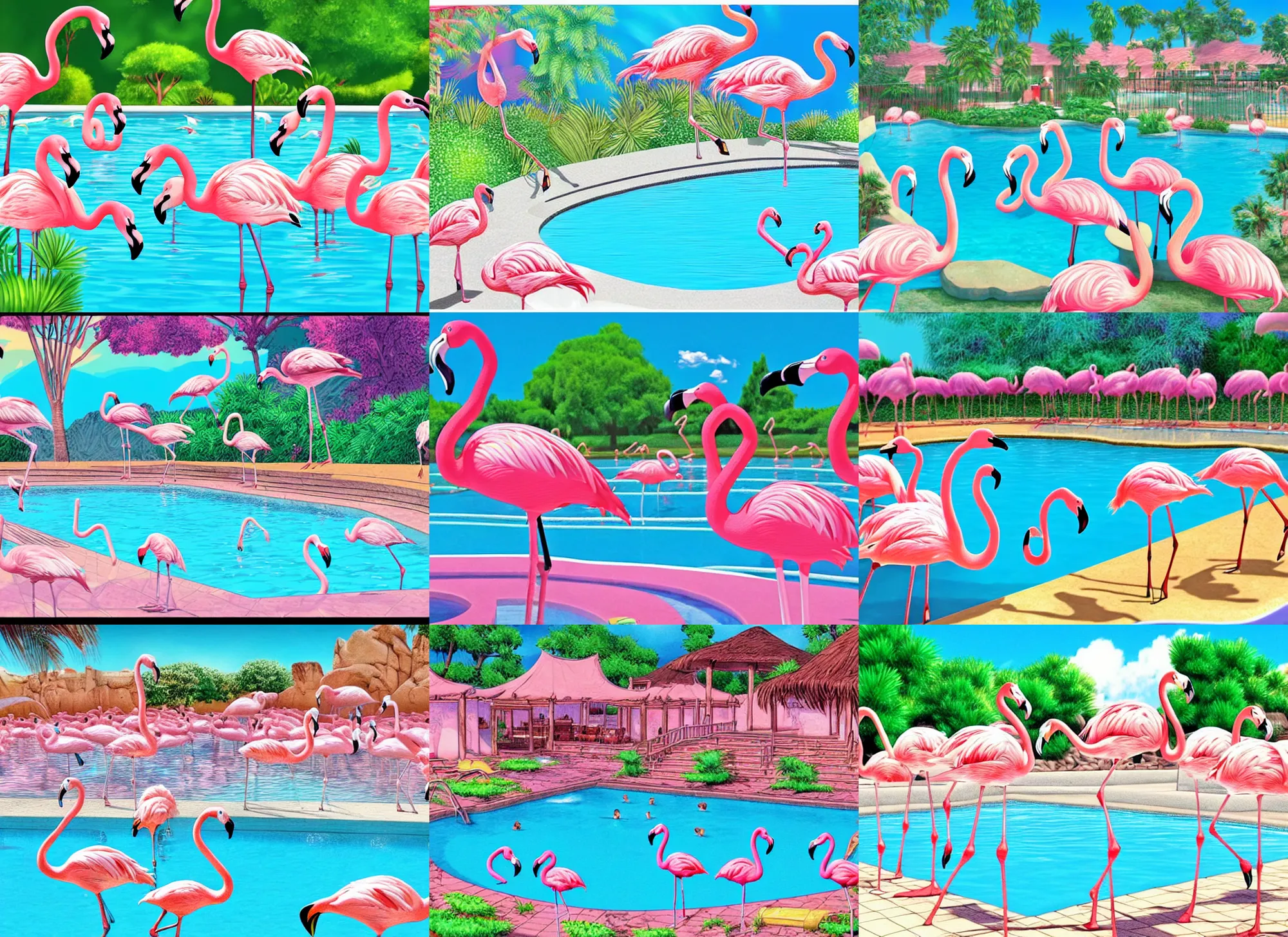 Prompt: swimmingpool, flamingos, bryce 3 d style, 9 0's, coloring pages, manga, highly detailed