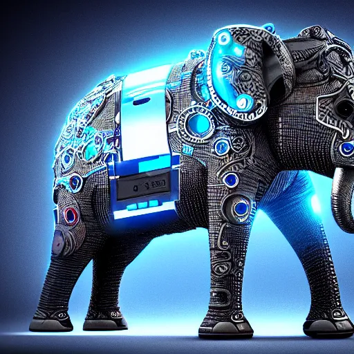 Prompt: hyper realistic cybertronic elephant. high details of body and face. complex realistic mechanical body. blue led. cyberpunk style, intricate, trending on art station, 8 k render.