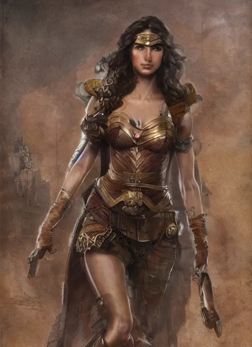 Image similar to highly detailed steampunk gal gadot standing, steel age : leonardo da vinci, greg rutkowski, magali villeneuve