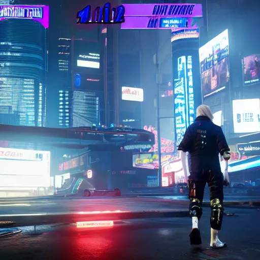 Prompt: an in-game screenshot of blonde hair blue eyed boy in Cyberpunk 2077