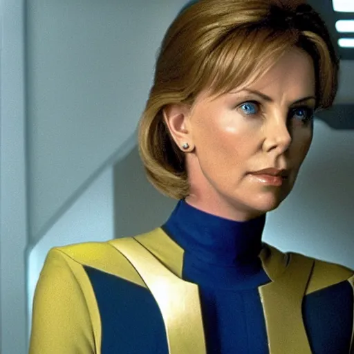 Image similar to movie film still of Charlize Theron as Beverly Crusher in a new Star Trek The Next Generation movie, cinematic