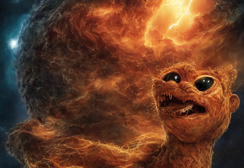 Image similar to eldritch horror bloody garfield in space, hd, 8 k, giant, epic, realistic photo, unreal engine, prophecy, powerful, cinematic lighting, destroyed planet, debris, violent, sinister, ray tracing, dynamic, epic composition, dark, horrific, teeth, grotesque, monochrome drawing, hellscape, corpses, foreboding, lightning, garfield cartoon eyes