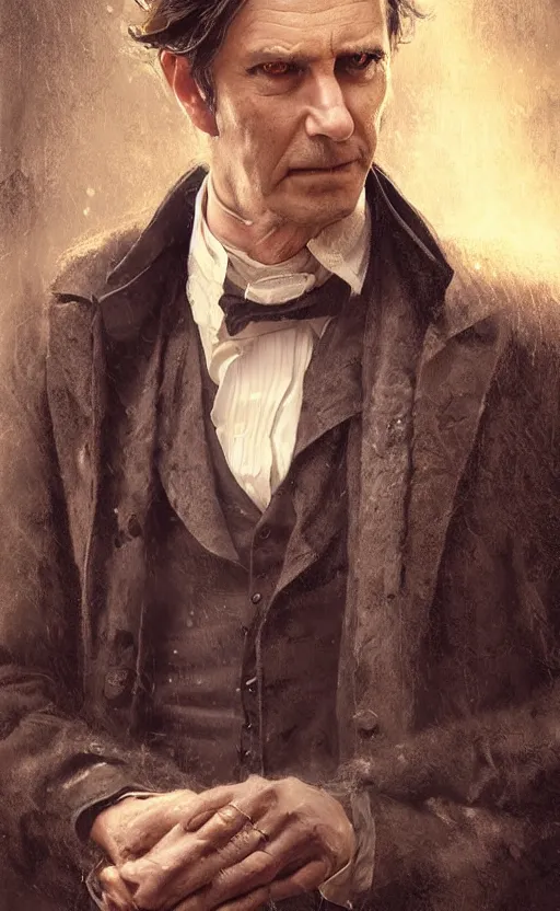 Prompt: portrait of a middle aged victorian gentleman, trenchcoat and waistcoat, male, detailed face, victorian, highly detailed, cinematic lighting, digital art painting by greg rutkowski