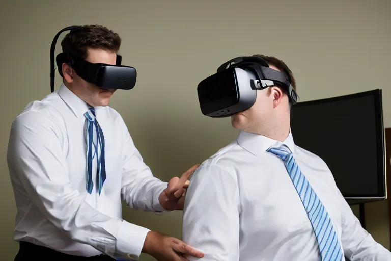 Image similar to clean - shaven chubby white man wearing white dress shirt, necktie, and dress pants wearing a vr headset. he look mesmerized. iq 4, f / 1. 4, iso 2 0 0, 1 / 1 6 0 s, 8 k, raw, dramatic lighting, symmetrical balance, in - frame