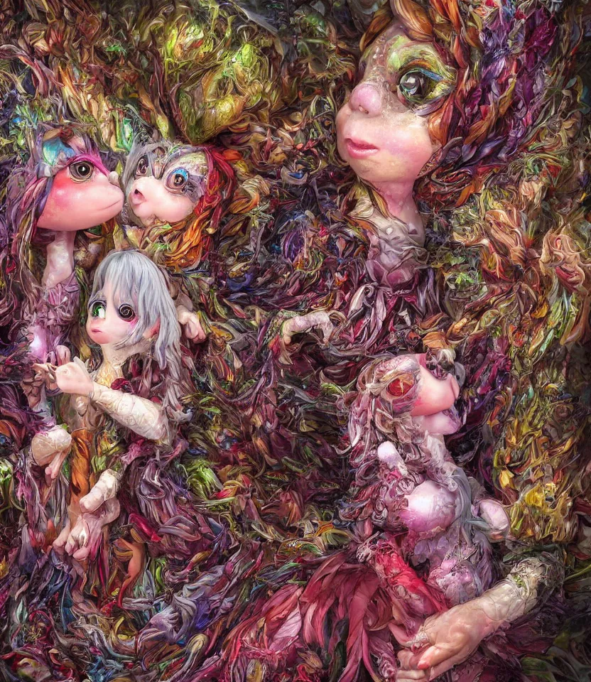 Image similar to hyper detailed 3d render like a Oil painting - kawaii portrait of hopeful lovers hugging tight or kissing pecking adorably Aurora (a beautiful girl skeksis muppet fae princess protective playful expressive acrobatic from dark crystal that looks like Anya Taylor-Joy) seen red carpet photoshoot in UVIVF posing in scaly dress to Eat of the Strangling network of yellowcake aerochrome and milky Fruit and His delicate Hands hold of gossamer polyp blossoms bring iridescent fungal flowers whose spores black the foolish stars by Jacek Yerka, Ilya Kuvshinov, Mariusz Lewandowski, Houdini algorithmic generative render, golen ratio, Abstract brush strokes, Masterpiece, Edward Hopper and James Gilleard, Zdzislaw Beksinski, Mark Ryden, Wolfgang Lettl, hints of Yayoi Kasuma and Dr. Seuss, Grant Wood, octane render, 8k