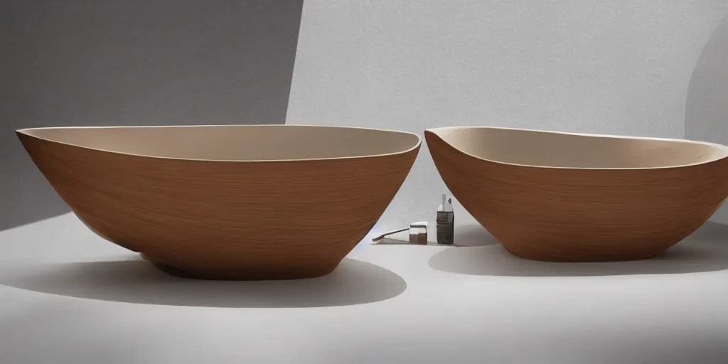 Prompt: wooden bathing tub designed by zaha hadid, product image, photography