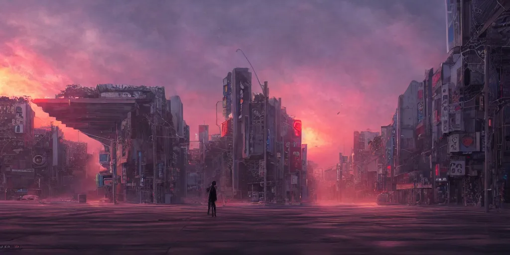 Prompt: lone wanderer in a highly detailed cinematic tokyo suburb, psychedelic, amazing, by feng zhu, wayne barlowe, perfect geometry, hdr, 4 k, hyper - detailed, sharp, beautiful, desaturated, beautiful lighting, oil on canvas, sunset, cinematic composition, trending on artstation, gnomon