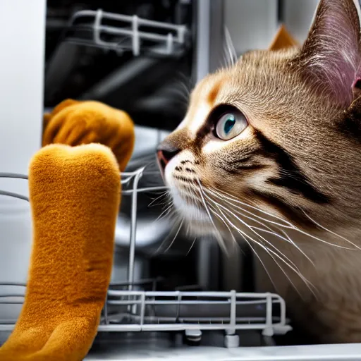 Image similar to cat behind dishwasher, higly detailed, great bokeh