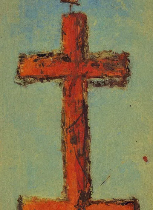 Prompt: vintage beautiful painting of a christian cross being overgrown in Mary Cassatt style