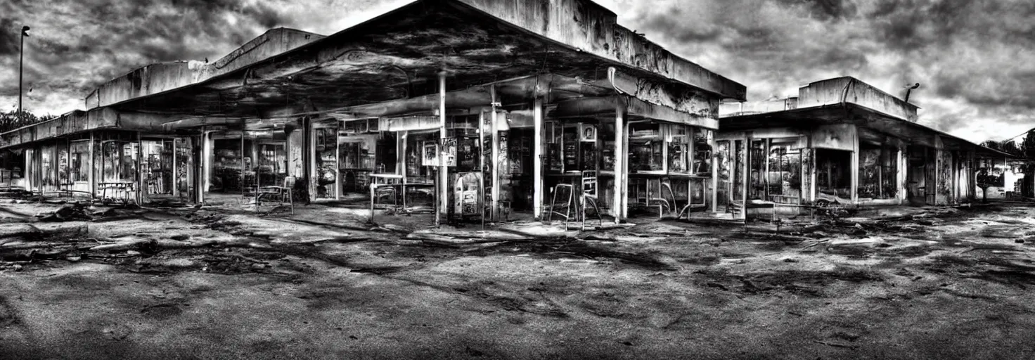 Prompt: Abandoned cafe on parking lot HDR cinematic noon detailed apocalyptic