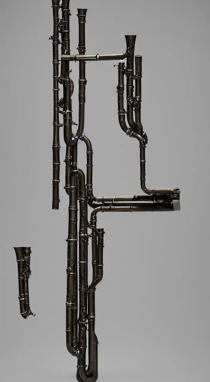 Prompt: a wind musical instrument with ceramic pipes in the shape of vocal tracts ejecting a fractal stream of air, oesophagus, 8 k, octane,