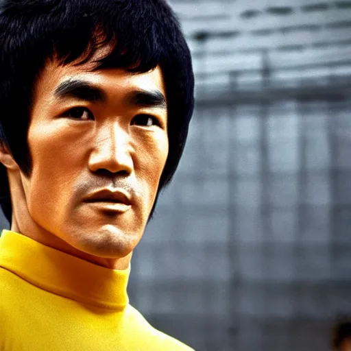 Image similar to 8 k portrait photograph of bruce lee, a blurred wafflehouse in the background