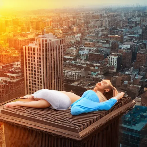 Image similar to a woman laying down on a flying mattress, she is looking down on the buildings far below her, uhd, 8k, dreamy, photo, hyper detailed,